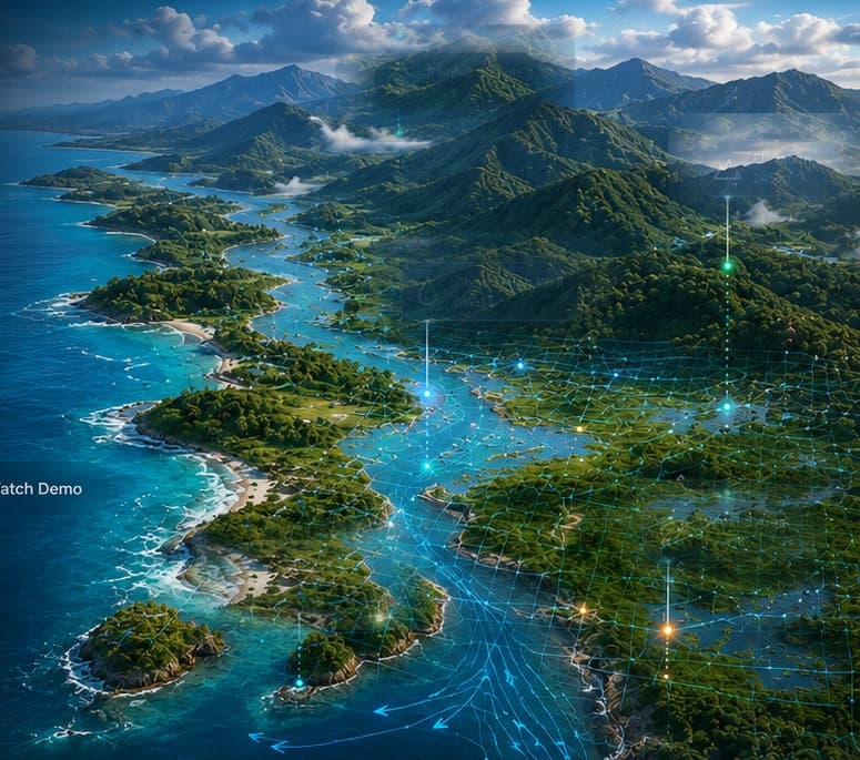 Aerial view of Bluewater Basin's coastline, river delta, and forested ridgeline